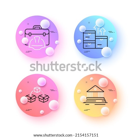 Court building, Construction toolbox and Wholesale goods minimal line icons. 3d spheres or balls buttons. Parcel shipping icons. For web, application, printing. Vector