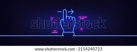 Neon light glow effect. Touchscreen gesture line icon. Slide right arrow sign. Swipe action symbol. 3d line neon glow icon. Brick wall banner. Touchscreen gesture outline. Vector
