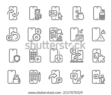 Mobile apps line icons. Smartphone device, phone report and download app set. Finger touch, mobile payment and phone device app line icons. Calculate report, smartphone code, chat message. Vector