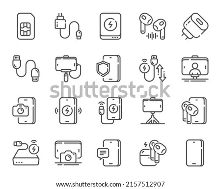 Mobile accessories line icons. Smartphone card, phone photo stick and wireless charger set. Power bank battery, headphones and usb c cable line icons. Fast charger, mobile phone accessories. Vector
