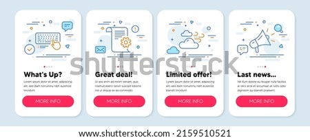 Set of line icons, such as Technical documentation, Windy weather, Computer keyboard symbols. Mobile app mockup banners. Megaphone line icons. Manual, Cloud wind, Pc device. Vector