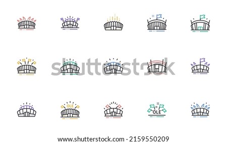 Sports stadium line icons. Ole chant, arena football, championship architecture. Arena stadium, sports competition, event flag icons. Sport complex linear set. Bicolor outline web elements. Vector