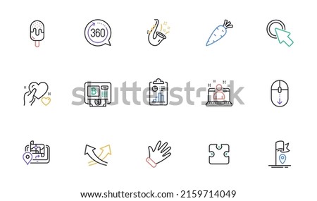 Best manager, Scroll down and Hand line icons for website, printing. Collection of Click here, Report, Bitcoin atm icons. 360 degrees, Carrot, Hold heart web elements. Vector