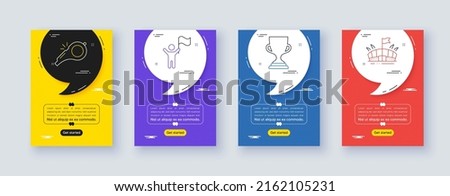Set of Award cup, Leadership and Whistle line icons. Poster offer frame with quote, comma. Include Arena icons. For web, application. Trophy, Winner flag, Kick-off. Sport stadium. Vector