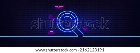 Neon light glow effect. Search line icon. Magnifying glass sign. Enlarge tool symbol. 3d line neon glow icon. Brick wall banner. Search outline. Vector