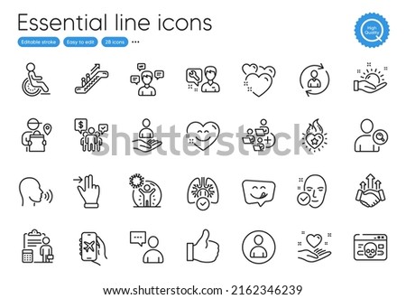 Avatar, Add team and Recruitment line icons. Collection of Coronavirus protection, Smile chat, Conversation messages icons. Flight mode, Hold heart, Heart web elements. Disability. Vector