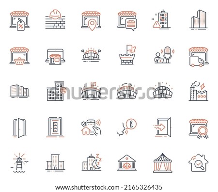 Buildings icons set. Included icon as Lighthouse, Food market and Open door web elements. Buildings, House security, Door icons. Night city, Online market, Build web signs. Vector