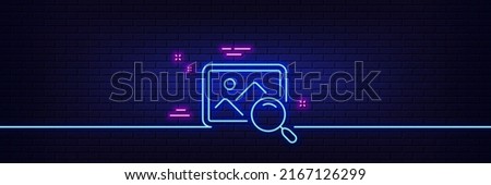 Neon light glow effect. Search photo line icon. Find image or picture sign. 3d line neon glow icon. Brick wall banner. Search photo outline. Vector