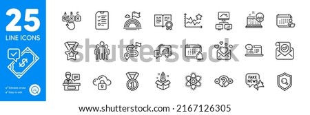 Outline icons set. Accounting, Confirmed mail and Online documentation icons. Cloud protection, Correct checkbox, Accepted payment web elements. Journey, Ranking stars, Startup signs. Vector