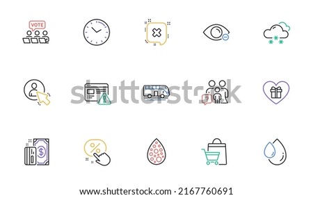 Oil drop, Artificial colors and User line icons for website, printing. Collection of Payment, Internet warning, Bus tour icons. Family questions, Snow weather, Discount button web elements. Vector
