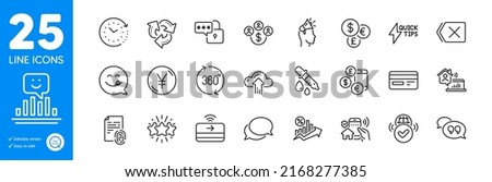 Outline icons set. Yen money, Currency rate and Loan percent icons. Cloud upload, Quickstart guide, Brand ambassador web elements. Contactless payment, Verified internet, Time change signs. Vector