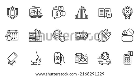 Outline set of Tickets, Air conditioning and Smile line icons for web application. Talk, information, delivery truck outline icon. Include Wholesale goods, Calculator, Delivery service icons. Vector
