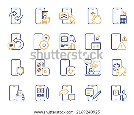 Mobile apps line icons. Smartphone device, phone report and download app set. Finger touch, mobile payment and phone device app line icons. Calculate report, smartphone code, chat message. Vector