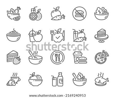 Meal line icons. Vegatable dish, poke bowl food and healthy salad set. Pizza, pasta spaghetti bowl and burger line icons. Breakfast meal, vegetable salad and fish. Apple and carrot fresh juice. Vector