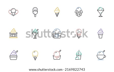 Ice cream line icons set. Bubble waffle, vanilla sundae, frozen yogurt. Sweet dessert food, milkshake with ice cream, sundae icons. Smoothie drink, frozen coffee, sorbet wafer. Vector