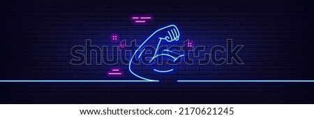 Neon light glow effect. Strong arm line icon. Strength muscle sign. Gym fit training symbol. 3d line neon glow icon. Brick wall banner. Strong arm outline. Vector