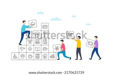 Hotel service line icons. People team work concept. Wi-Fi, Air conditioning and Coffee maker machine. Spa stones, swimming pool and bike rental icons. Hotel parking, safe and shower. Vector