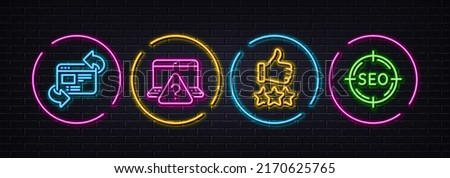 Online question, Refresh website and Rating stars minimal line icons. Neon laser 3d lights. Seo icons. For web, application, printing. Internet faq, Update internet, Thumb up. Search target. Vector