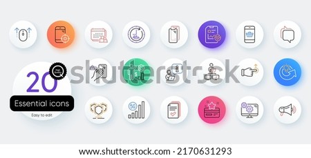 Simple set of Shields, Handout and Report checklist line icons. Include Dont touch, Swipe up, Share idea icons. Messenger, Employees wealth, 48 hours web elements. Drag drop, Work home. Vector