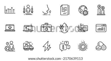 Outline set of Freezing water, Swipe up and 5g internet line icons for web application. Talk, information, delivery truck outline icon. Vector