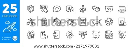 Outline icons set. Inspiration, Refresh and Quote bubble icons. Online voting, Smile, Login web elements. View document, Employees teamwork, Calendar signs. Block diagram. Vector
