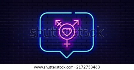 Neon light speech bubble. Genders line icon. Inclusion sign. Gender diversity symbol. Neon light background. Genders glow line. Brick wall banner. Vector
