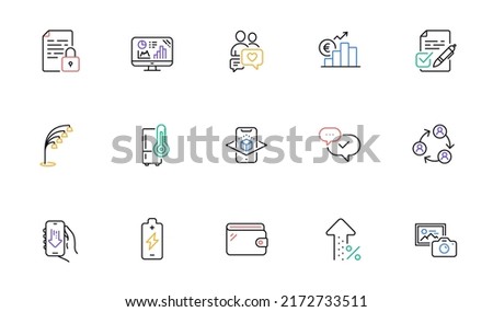 Battery charging, Euro rate and Download app line icons for website, printing. Collection of Photo camera, Lock, Refrigerator icons. Approved, Teamwork, Dating chat web elements. Vector