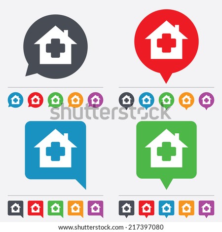 Medical hospital sign icon. Home medicine symbol. Speech bubbles information icons. 24 colored buttons. Vector