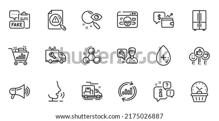 Outline set of Update data, Seo shopping and Fake document line icons for web application. Talk, information, delivery truck outline icon. Include Oil serum, Search, Last minute icons. Vector