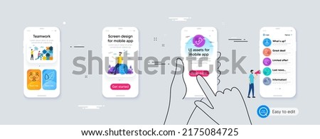 Set of Face attention, Meeting and Leaf line icons. Phone ui interface. Include Time zone, Rejected payment, Add person icons. New mail, Augmented reality, User notification web elements. Vector
