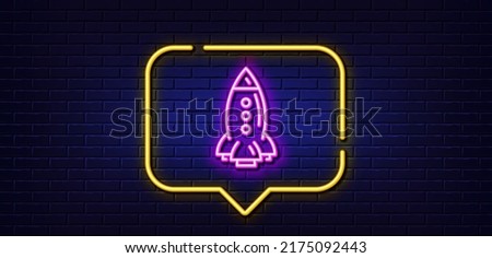 Neon light speech bubble. Rocket line icon. Spaceship transport sign. Aircraft symbol. Neon light background. Rocket glow line. Brick wall banner. Vector
