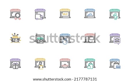 Market store line icons. Online Marketplace, Wholesale Shop, Network Marketing. Store showcase, grocery shop, buyer line icons. Retail seller, fresh market, food delivery. Marketplace app. Vector