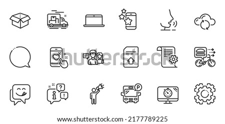 Outline set of Best app, Seo gear and Yummy smile line icons for web application. Talk, information, delivery truck outline icon. Include Heart rating, Open box, Food delivery icons. Vector
