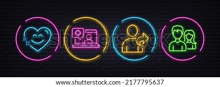Medical help, Smile chat and Refer friend minimal line icons. Neon laser 3d lights. Teamwork icons. For web, application, printing. Medicine laptop, Heart face, Share. Man with woman. Vector