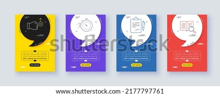 Set of Timer, Drag drop and Clipboard line icons. Poster offer frame with quote, comma. Include Search text icons. For web, application. Deadline management, Move, Agreement contract. Vector