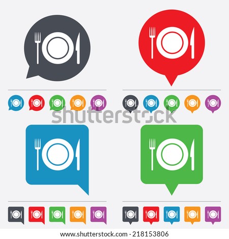 Food sign icon. Cutlery symbol. Knife and fork, dish. Speech bubbles information icons. 24 colored buttons. Vector