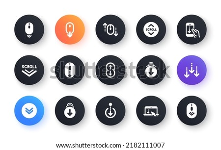 Scroll down icons. Scrolling mouse, landing page swipe signs. Mobile device technology icons. Website scroll navigation. Phone scrolling. Classic set. Circle web buttons. Vector