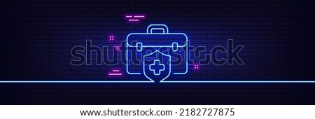 Neon light glow effect. Medical insurance line icon. Health coverage sign. Protection policy symbol. 3d line neon glow icon. Brick wall banner. Medical insurance outline. Vector