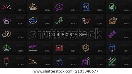 Set of Chemistry lab, Web analytics and Cloud server line icons. Include Discount banner, Puzzle options, Lightning bolt icons. Quick tips, Hydroelectricity, Question mark web elements. Vector