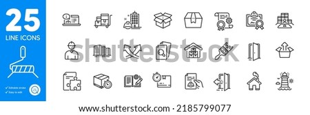 Outline icons set. Wholesale goods, Package box and Construction document icons. Open door, Lighthouse, Inventory cart web elements. Delivery timer, Online documentation, Strategy signs. Vector
