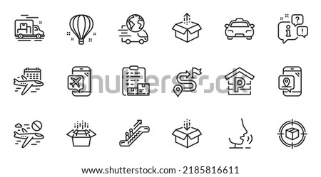 Outline set of Pin marker, Escalator and Parcel tracking line icons for web application. Talk, information, delivery truck outline icon. Include Packing boxes, Parking, Cancel flight icons. Vector