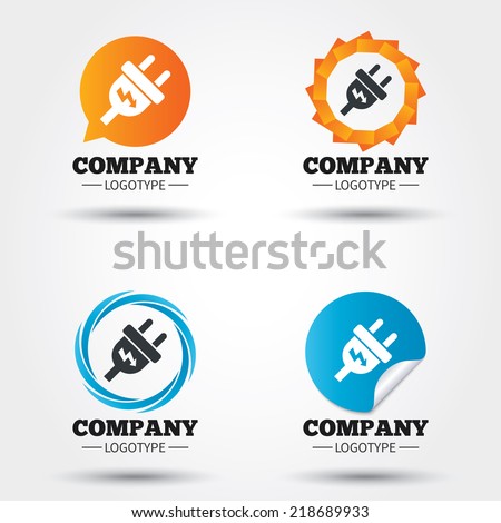 Electric plug sign icon. Power energy symbol. Lightning sign. Business abstract circle logos. Icon in speech bubble, wreath. Vector