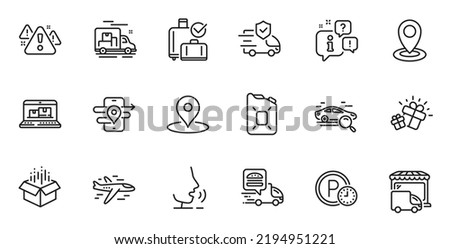 Outline set of Airplane, Gps and Parking time line icons for web application. Talk, information, delivery truck outline icon. Include Location, Baggage reclaim, Delivery truck icons. Vector