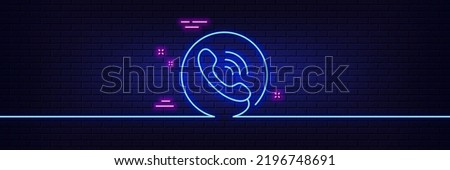 Neon light glow effect. Call center service line icon. Phone support sign. Feedback symbol. 3d line neon glow icon. Brick wall banner. Call center outline. Vector