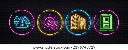 Innovation, Warning and Skyscraper buildings minimal line icons. Neon laser 3d lights. Entrance icons. For web, application, printing. Light bulb, Important message, Town architecture. Door. Vector