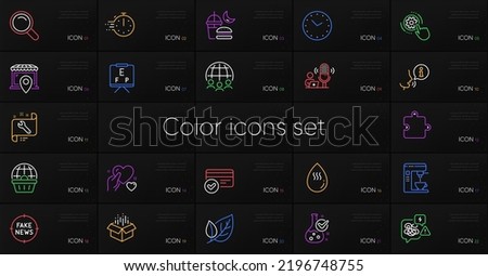 Set of Cogwheel settings, Fake news and Spanner line icons. Include Coffee maker, Leaf, Online shopping icons. Time, Hold heart, Hot water web elements. Search, Puzzle, Night eat. Vector