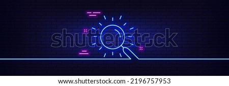 Neon light glow effect. Search line icon. Find document sign. Magnify glass. 3d line neon glow icon. Brick wall banner. Search outline. Vector