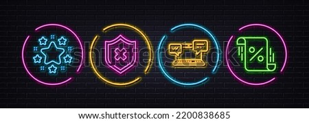 Internet chat, Reject protection and Stars minimal line icons. Neon laser 3d lights. Loan percent icons. For web, application, printing. Online communication, No security, Twinkle stars. Vector