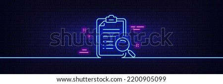 Neon light glow effect. Search analysis line icon. Find document sign. Magnify glass. 3d line neon glow icon. Brick wall banner. Search analysis outline. Vector