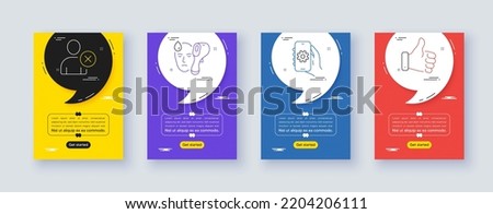 Set of App settings, Delete user and Electronic thermometer line icons. Poster offer frame with quote, comma. Include Like hand icons. For web, application. Vector